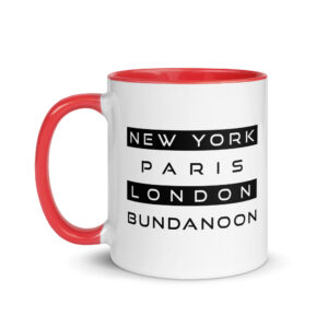 New York, Paris, London, Bundanoon Mug with Colour Inside