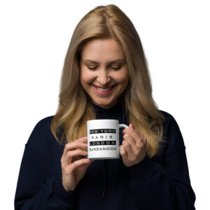New York, Paris, London, Bundanoon White Glossy Mug