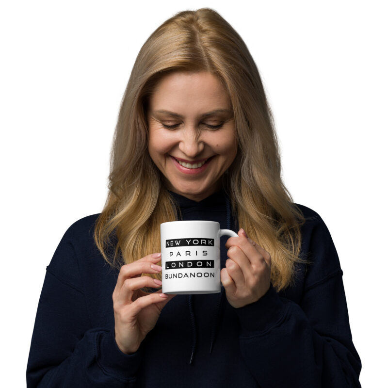 New York, Paris, London, Bundanoon White Glossy Mug